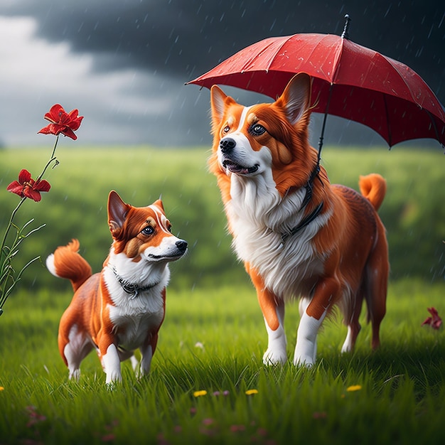 harige vrienden rode kat en corgi hond wandelen in een zomer Ai gegenereerd