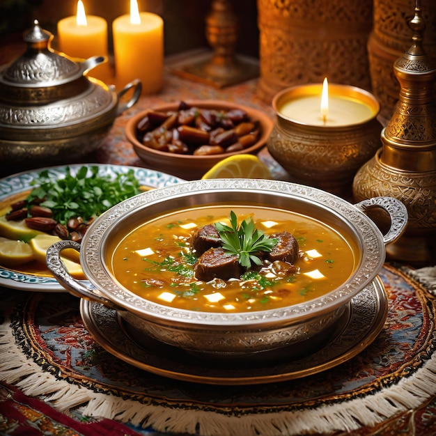 Photo harira traditional moroccan lamb soup on the holiday table