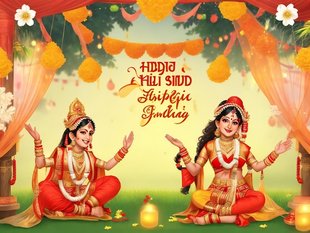 Hariyali teej hindu festival greeting background with happy woman ai generated