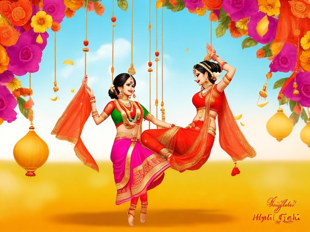 Hariyali teej hindu festival greeting background with happy woman ai generated