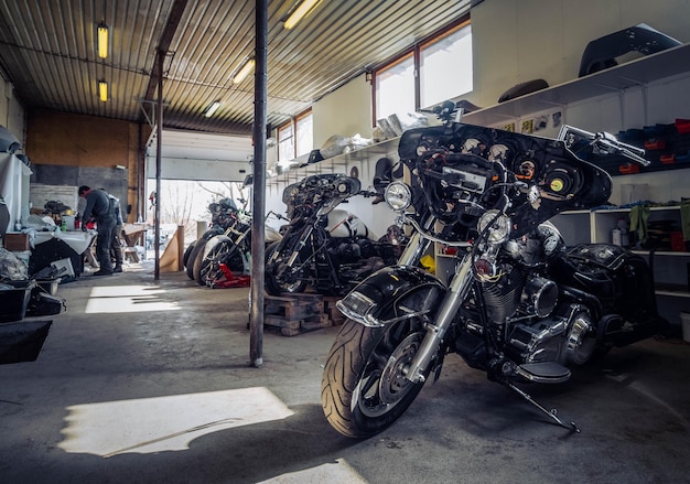 Harley Davidson motorcycles in a motorcycle workshop on the outskirts