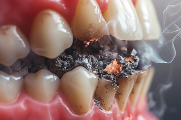 Photo harm of smoking and nicotine addiction rotten teeth close up inflamed gums full of tobacco ash