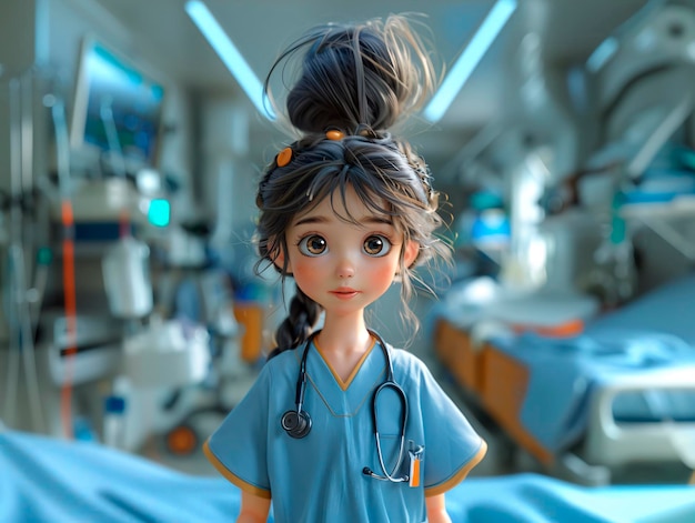 Photo harming character illustrations of a girl doctor in a hospital generative ai