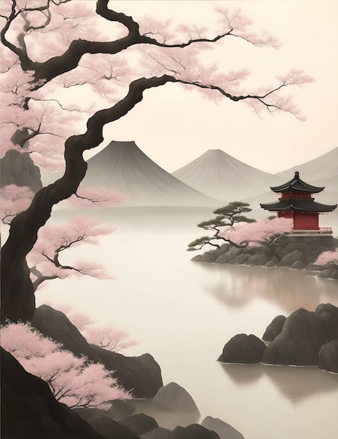 гармоничная композиция в японском стиле, искусство, пейзаж, светлые тона, без вектора