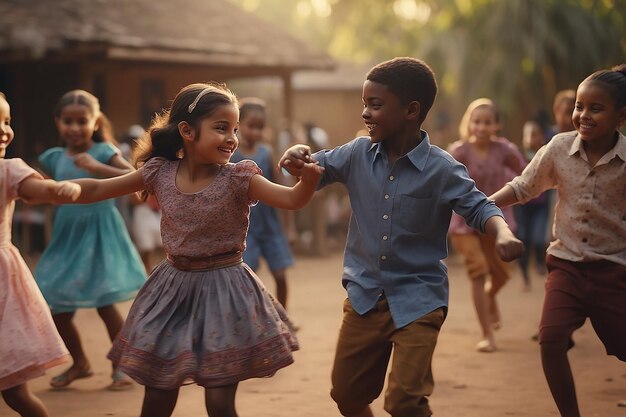 Harmonie in diversiteit kersen kinderen van verschillende rassen dansen samen vreugdevol meisje jongen gelukkig leven