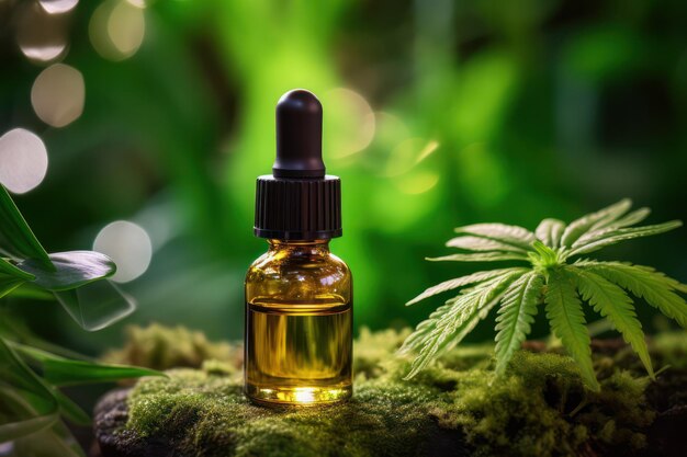 Harmonie met de natuur CBD-oliefles te midden van weelderig groen, wellness gecombineerd met natuurlijke sereniteit