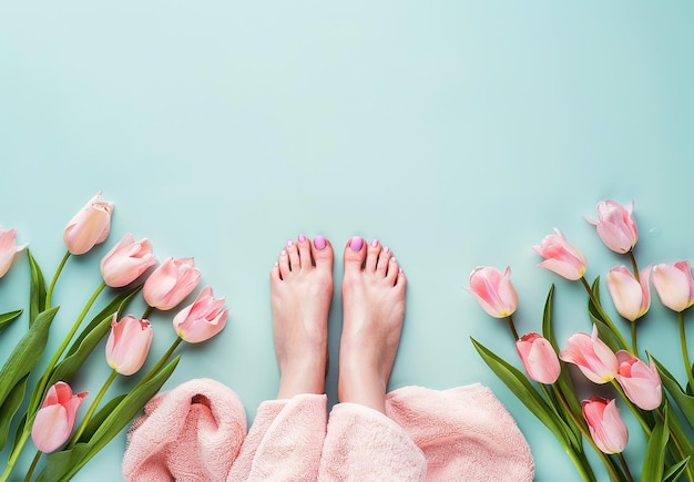Harmonie van de lente ontwaken op blote voeten tussen een kleurrijke reeks van verse tulpen op een heldere roze achtergrond