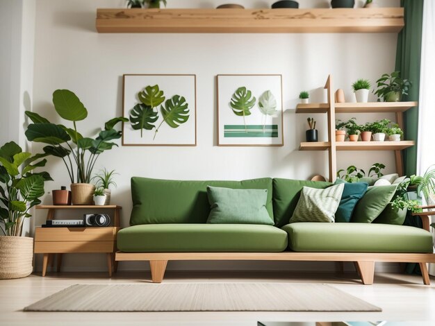 Harmonieuze natuur Houten en groene woonkamer interieur met planken