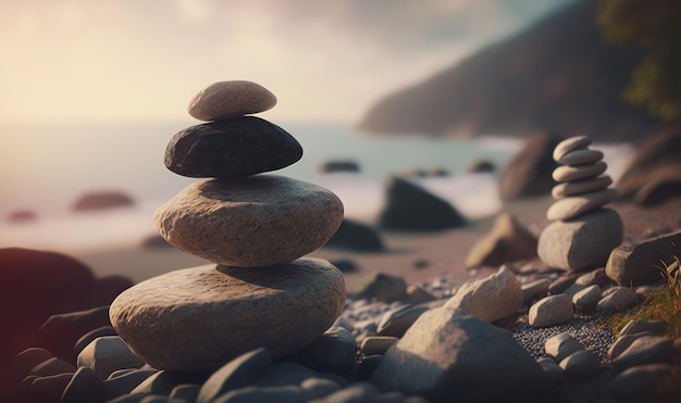 Harmonieuze Zen-stenen met sereen zeezicht als dromerige achtergrond