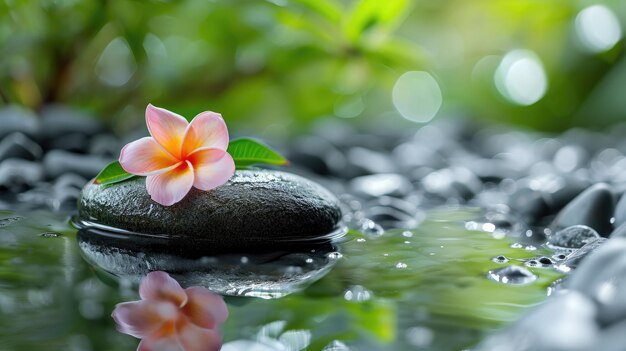 自然とデザインの調和的な融合 水を撫でた石の上にある花 純な静けさ