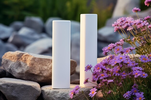 Harmonious blend unveiling the beauty of nature with cosmetic white tubes blank mockups for brand