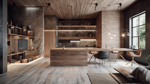 A harmonious blend of wood metal and concrete kitchen interior AI generated