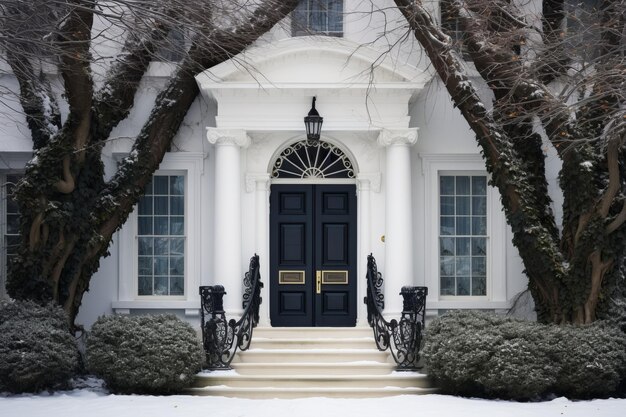 Photo harmonious contrast the beautiful black front door embracing white house amidst serene trees