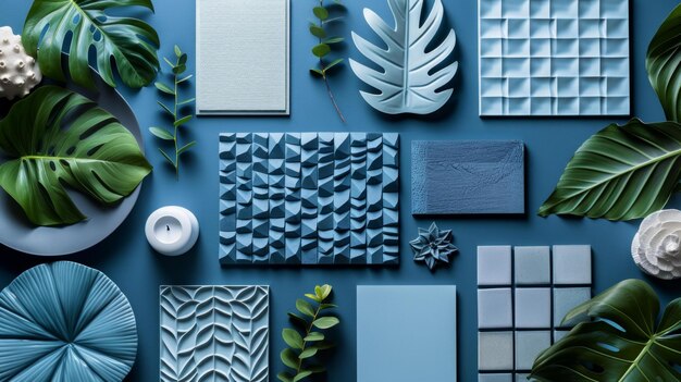 harmonious flat lay design blending grey and navy hues across textiles paint chips lamella panels organic leaves and ceramic tiles AI Generative