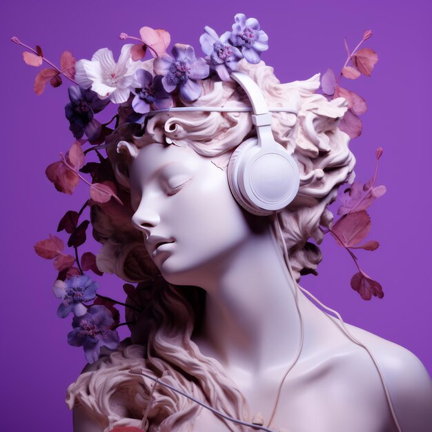 Harmonious fusion exploring ancient aphrodite's floral symphony amidst minimalist futurism and purp