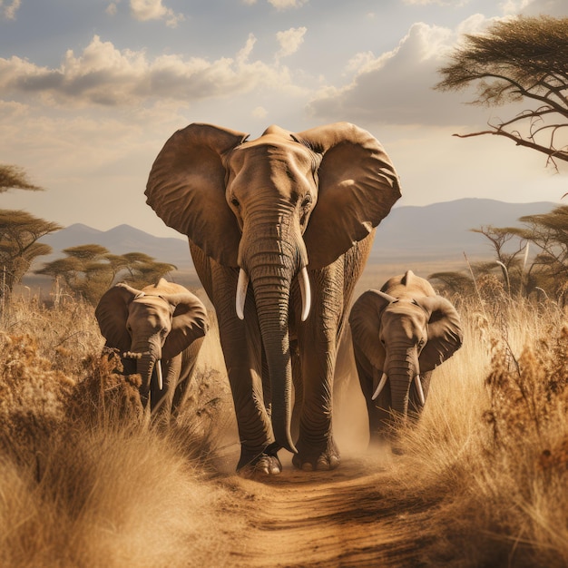 Harmonious Herd Family of Elephants Walking Together Generative AI