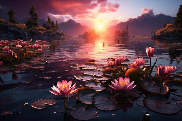 Harmonious lotus glides sunsets glow reflects in tranquil water Zen scene