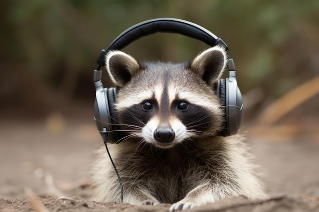 Harmonious rascal a raccoon in headphones discovers the joy of melodic serenades