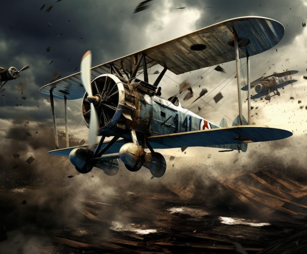 Photo harmonious skies synthware vaporware clash in an epic wwi biplane dogfight amid blues and grays