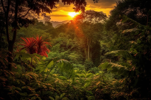 Фото Гармоничный закат изображает естественную красоту пышных джунглей в аналогичных цветах
