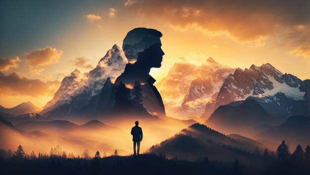 Photo harmonious unity silhouette of man and nature in mountain landscape