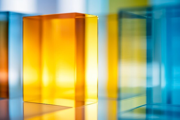 Harmonische complexiteit Kleurrijke kubussen en bollen op een glas Stage Ai gegenereerd