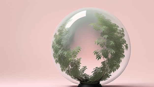 Harmoniserende bollen Globe en Plant Concept op Pastel roze achtergrond Minimalistisch idee overbruggen