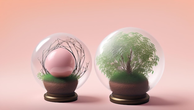 Harmoniserende bollen Globe en Plant Concept op Pastel roze achtergrond Minimalistisch idee overbruggen
