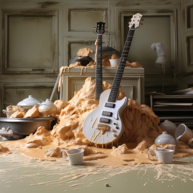 Photo harmonizing illusions flour storm in an enchanted music studio