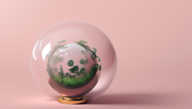 Harmonizing Spheres Globe and Plant Concept on Pastel Pink Background Minimalistic Idea Bridging