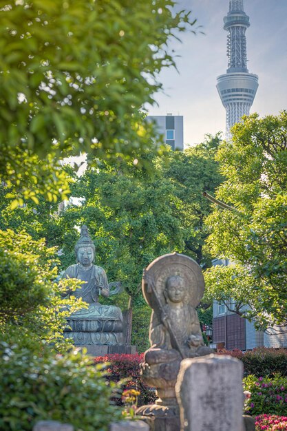 まばゆいばかりの東京スカイツリーの前に佇む古仏と現代の仏像の調和