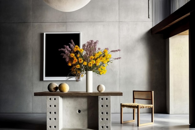 harmony of concrete and modern design in a high ceiling room flowers in a vase on a wooden design