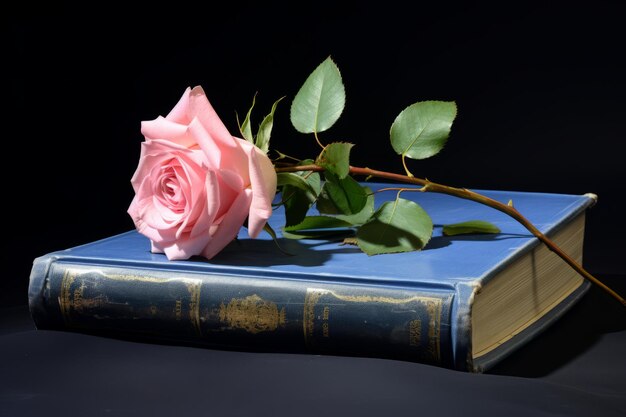 Photo harmony in contrast a pink rose blossom amidst a sea of blue hardbound books