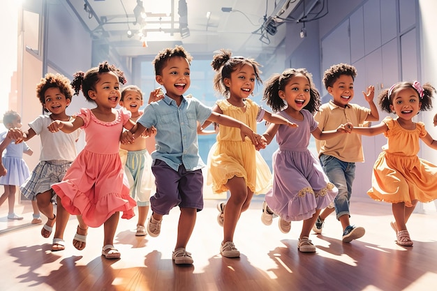 Photo harmony in diversity anime children of different races dancing together joyful girl boy happylife