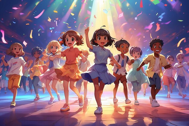 Photo harmony in diversity anime children of different races dancing together joyful girl boy happylife