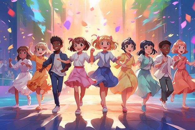 Harmony in Diversity anime Children of Different Races Dancing Together joyful girl boy happylife