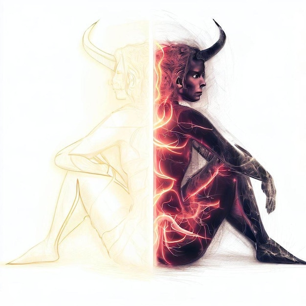 Harmony of Dualities Enigmatic Devil Angel Woman Digital Mixed Media Art Flashing Lights Line Art