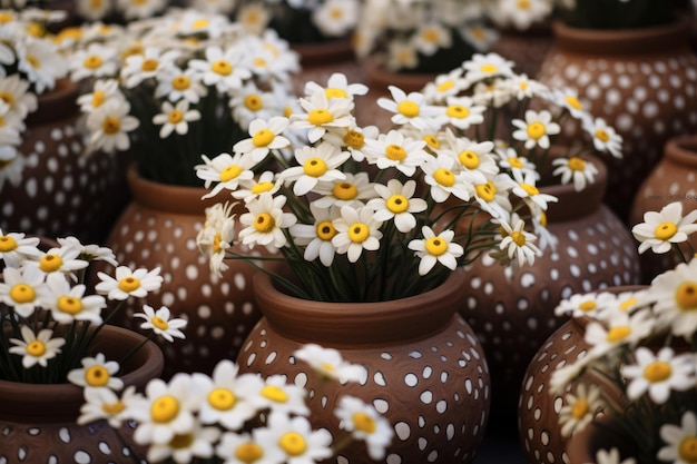 Photo harmony in earth tones white and yellow flowers in brown clay pots ar 32