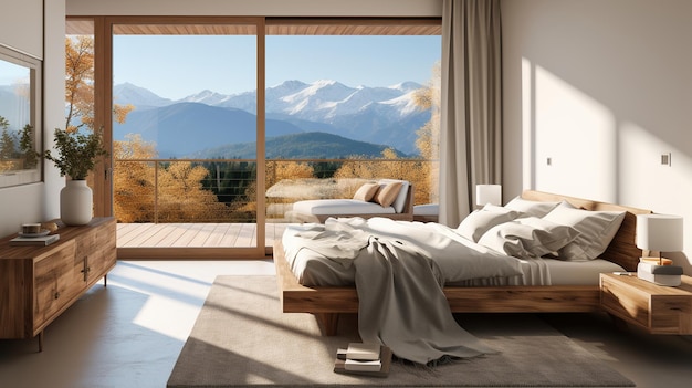 Harmony of Elements Sunlit Minimalist Bedroom Overlooking Mountain Beauty