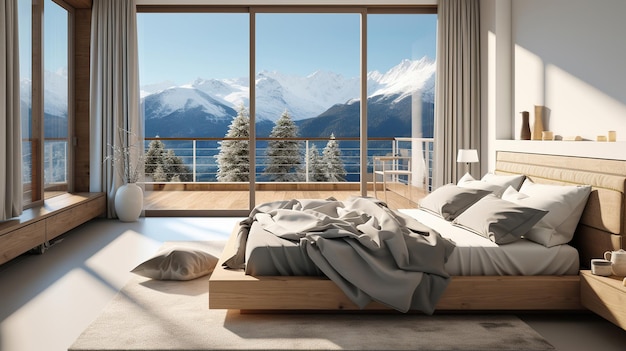 Harmony of Elements Sunlit Minimalist Bedroom Overlooking Mountain Beauty