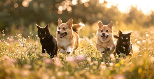 Harmony in Motion Corgis en Shiba Inus genieten van speeltijd met kattenvrienden Generatieve AI