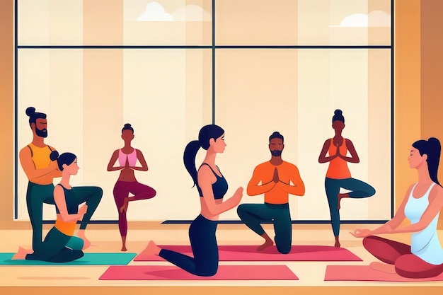 Foto harmony in motion diverse groep die zich bezighoudt met serene yoga houdingen