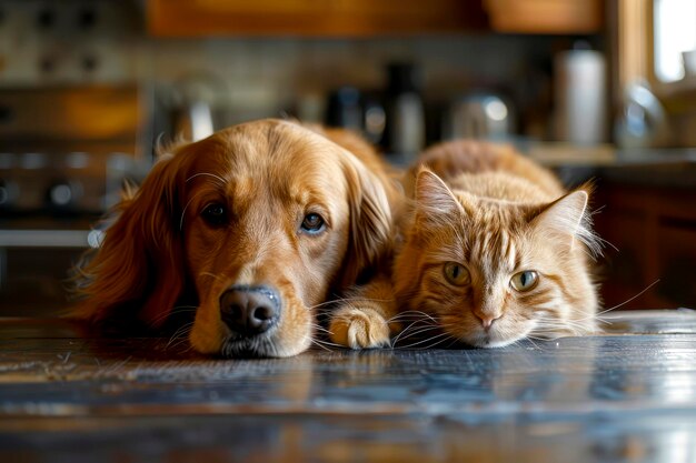 Photo harmony in the kitchen dog and cat sharing a meal together