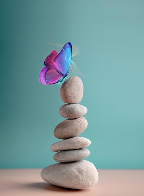 Harmony of Life Concept. Surrealist Butterfly on the Pebble Stone Stack. Metaphor of Balancing Nature and Technology. Calm, Mind, Life Relaxing and Living by Nature. Vertical image