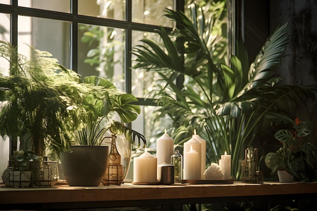 the harmony between natural elements like plants and modern decor