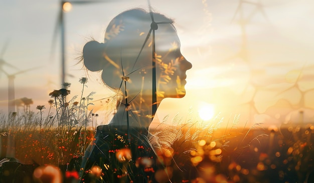 Harmony of nature and humanity beautiful silhouette of a woman merging with vibrant natural elements under golden sunlight