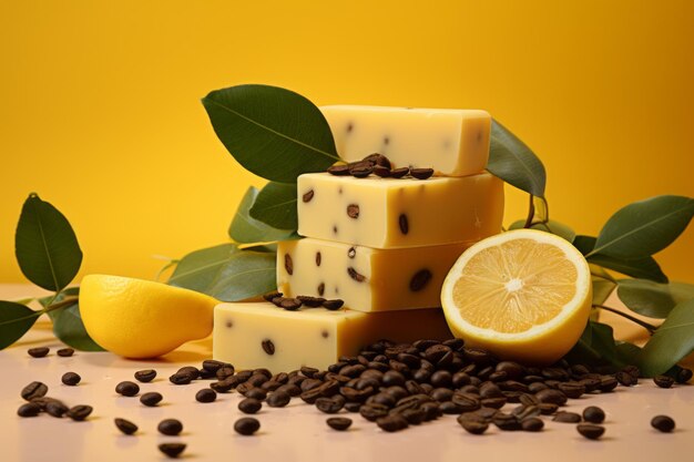 Harmony in nature a serene composition of soap bars lemon coffee beans and tree branch on vibran