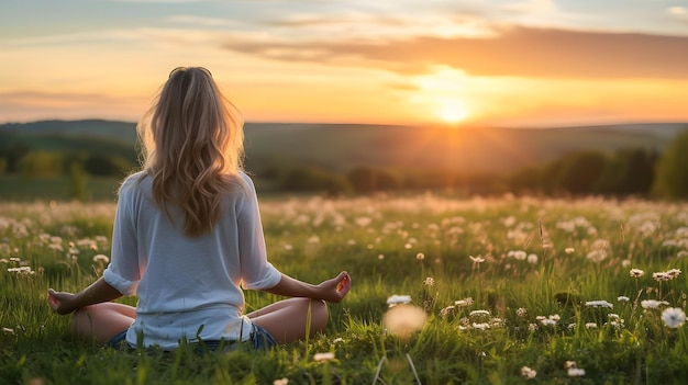 自然の調和 夕暮れの夏の風景で瞑想する若い女性