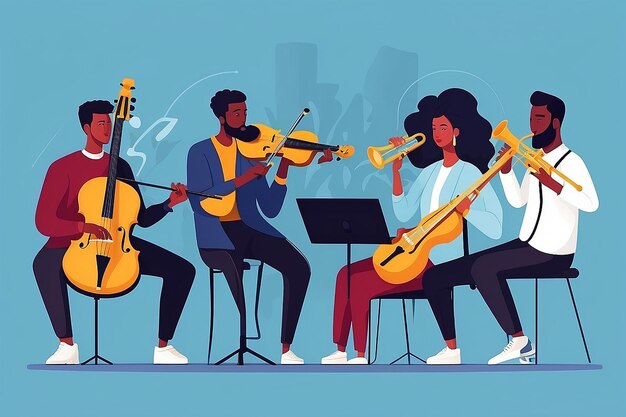 Harmony of Talents Team van muzikanten die verschillende instrumenten spelen in platte stijl Vector illustratie