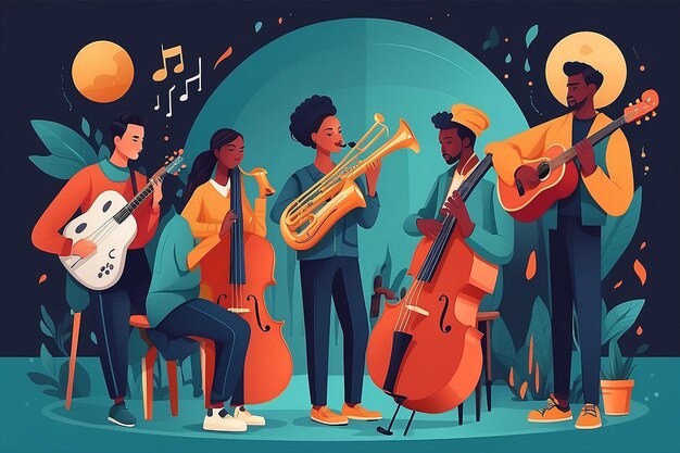 Harmony of Talents Team of Musicians Playing Different Instruments in Flat Style Vector Illustration
